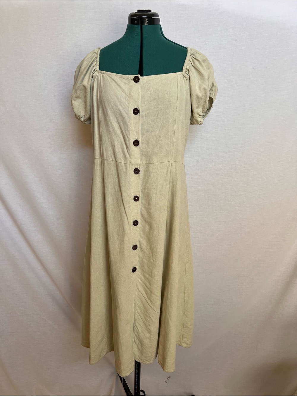 Zara Button-Front Linen Blend Off Shoulder Midi Dress in Light Green Beige